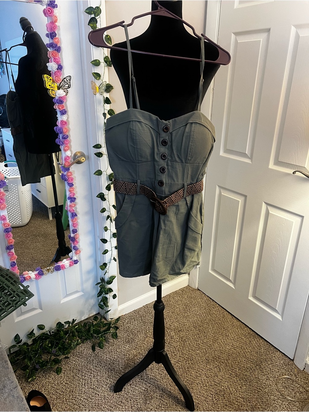 Revamped Olive Green Button-Front Romper with Belt